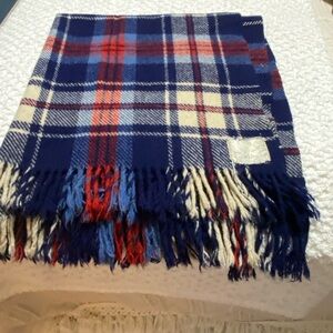 Vintage 100% wool Carldyke throPlaid Fringe Throw Blanket - Blue, Red, and Cream